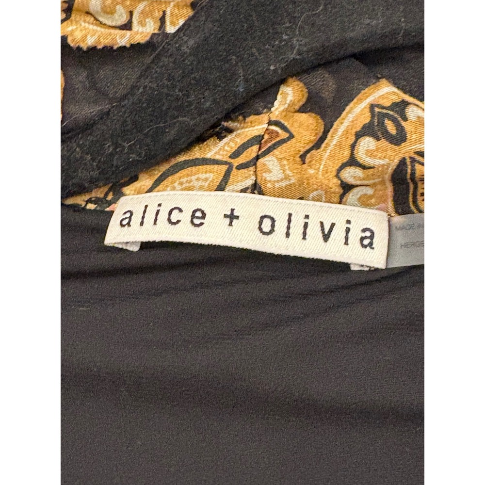 Alice + Olivia Silk Mini Dress Small Black Gold Paisley Tie Neck Goth Glamour - Picture 7 of 13